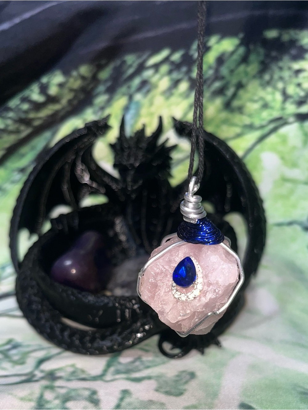 Rose Quartz Pendant Necklace with Deep Blue Teardrop Accent